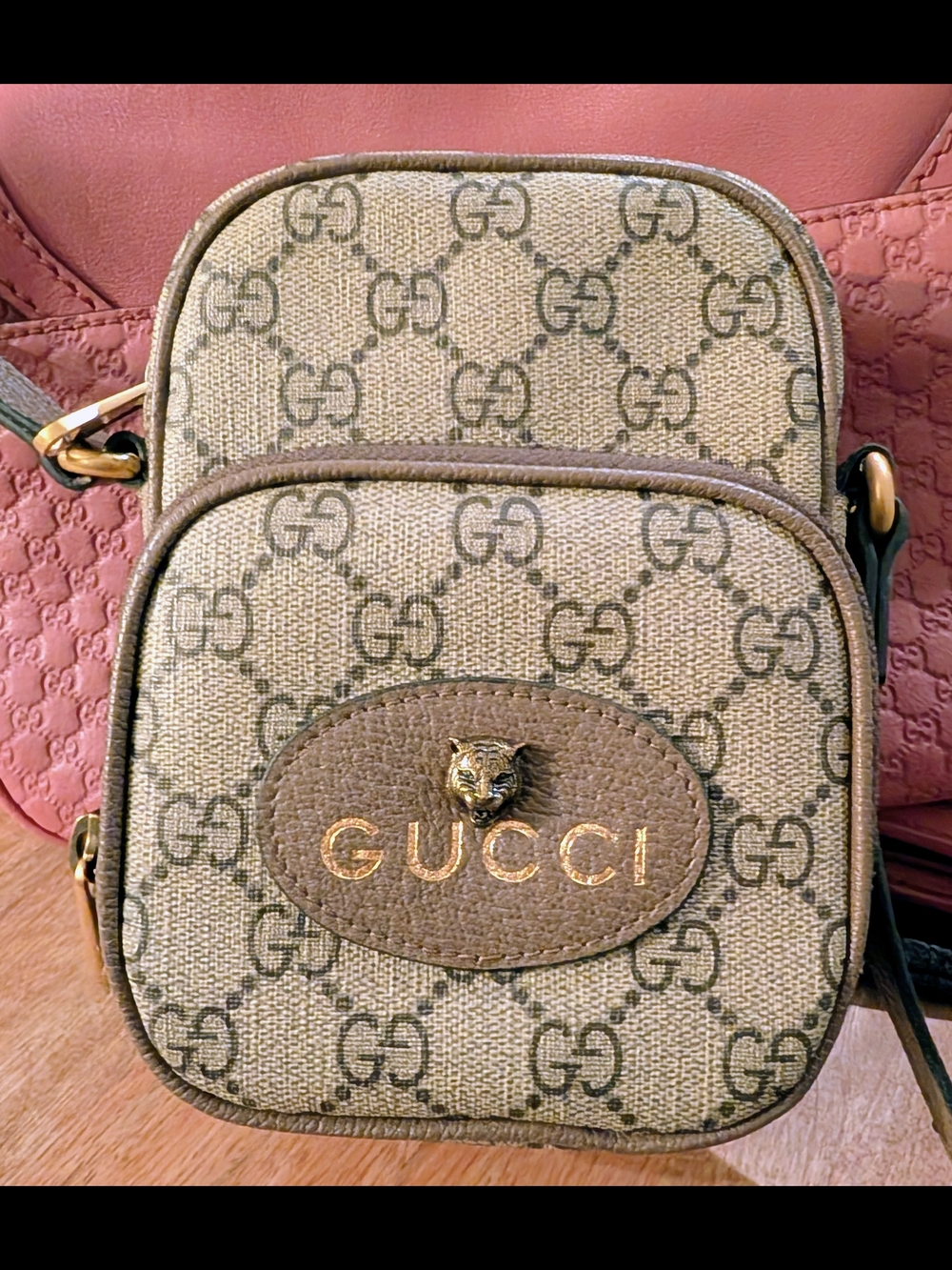 Gucci Beige GG Monogram Crossbody with Brown Trim - Picture 9 of 10